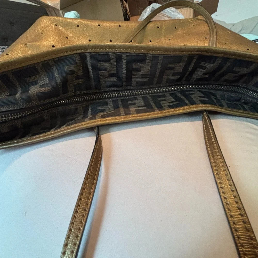 Rare 2-in-1 Fendi Metallic Gold Perforated Roll Tote with Matching Pouch